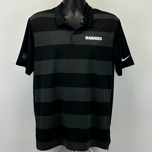 Las Vegas Raiders Polo Shirt Black Striped NFL On Field SS Nike Dri Fit L Large - Picture 2 of 10